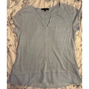 Sanctuary Women's Blue 100% Linen Short Sleeve Split Neck Top with Pocket, Small